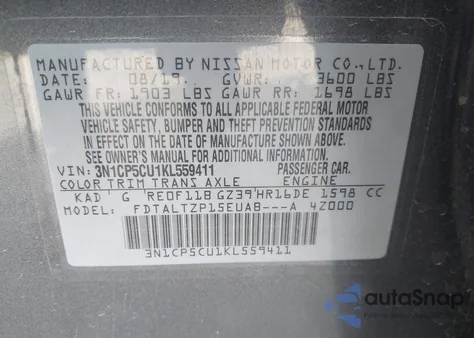 2019 Nissan Kicks Sr из США, поврежденный, VIN 3N1CP5CU1KL559411